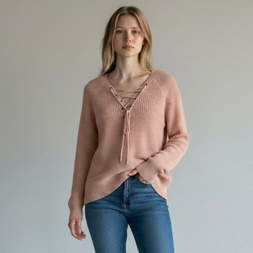 Forever 21 Womens Small Dusty Rose Pink Lace Up Front Tunic Sweater High Low